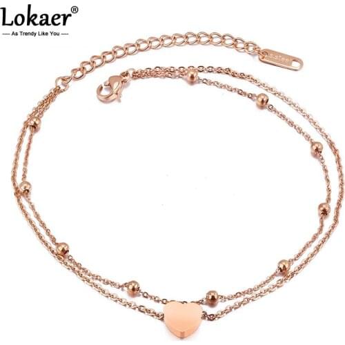 Lokaer New Fashion Double Layer Stainless Steel Heart Charm Anklets For Women Rose Gold Color Leg Bracelet Foot Jewelry A19026