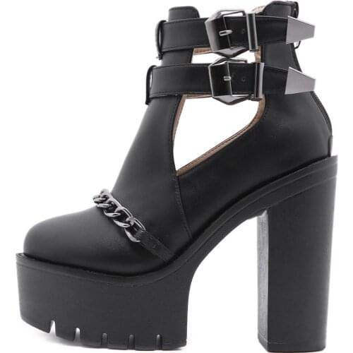 FANAN Womens Fashion Ankle Boots Platform Chunky High Heel Round Toe Booties Chain Decor Back Zip Combat Boots Goth Shoes Black