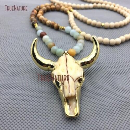 Mix Amazonite Jaspers Beads Long Boho Necklace Gold Electroplated Design Cattle Head Pendant Necklace Unisex Jewelry NM4308