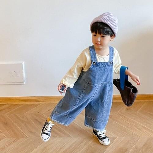 Korean style Autumn fashion boys oversized wide leg denim overalls Girls kids casual loose suspender trousers