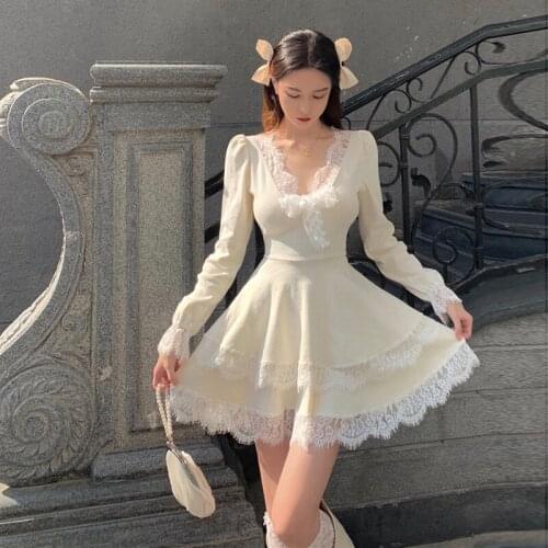 French Style Elegant White Lace Temperament Dress Spring Autumn Casual Lace Knitted Dress Women Long Sleeve Chic Sweet Dress