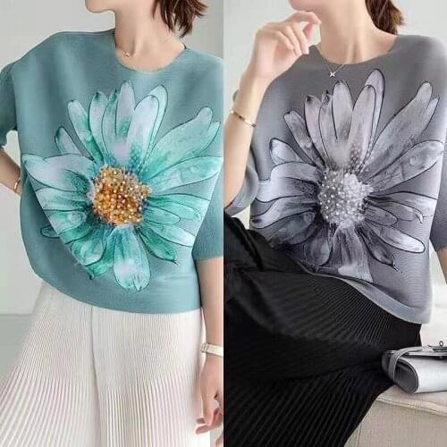 HOT SELLING Miyake half Sleeve folds of print o-neck Beading T-shirt IN STOCK