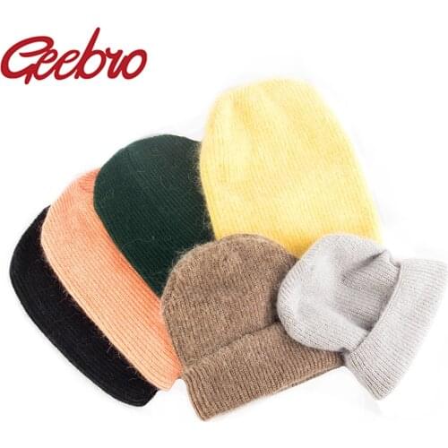 Geebro Fashion Women Rabbit Hair Winter Hat Outdoor Warm Beanies Unisex Casual Solid Color Adult Knitted Caps Bonnet