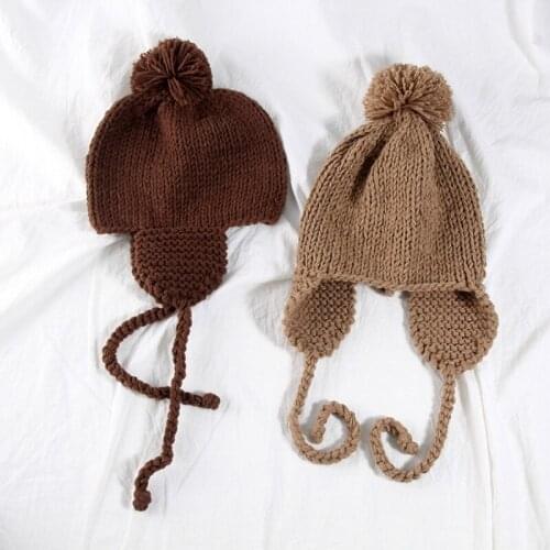 H7666 Winter Bomer Cap Children Wool Ball Soft Knitted Ear Protection Hat Boy Girl Outdoor Warm Solid Color Simple Sweet Hats