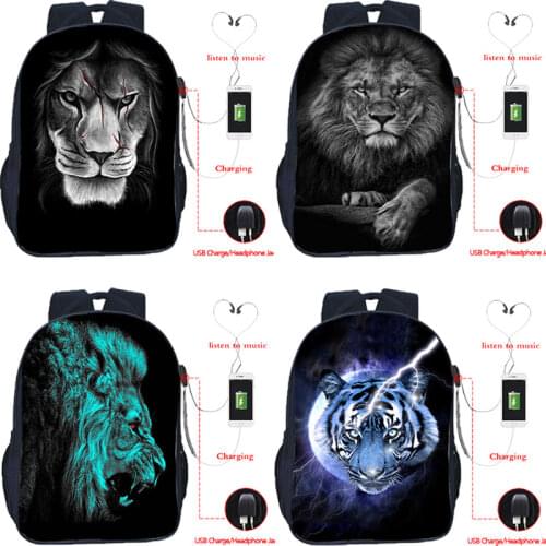 Cool Tiger Usb Charging Backpack Lion Wolf Animal School Bags for Teenagers Boys Backpacks Mens USB Laptop Bags Travel Mochias