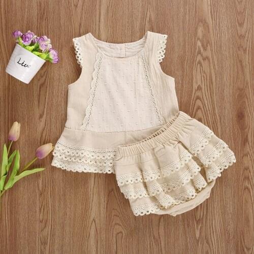 2 Pcs Babys Summer Suit O-Neck Sleeveless Lace Vest Top with Layered Hem + Tiered Skirt Panty Set for Toddler Girl 6M-4Y