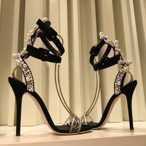 Summer Beauty Back Pearl Crossed Strap Sandals PVC Open Toe Beads Ankle Strap Thin Heel Shoes Gladiator Party Heel