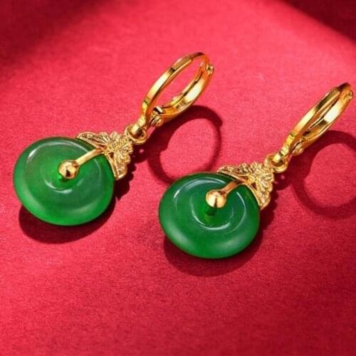 Round Green Stone Dangle Earrings Retro Yellow Gold Filled Womens Earrings Vintage Bridal Wedding Jewelry Accessories