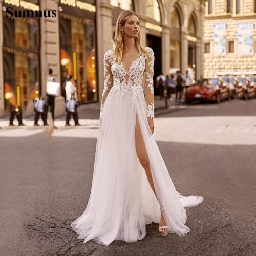 Sumnus Beach Wedding Dresses 2020 V Neck Long Sleeves Lace Bridal Dress Sexy Backless High Split Wedding Gowns Robes De Mariee