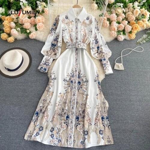 Lusumily New Arrival 2021 Vintage Dress Women Fashion Long Sleeve Flower Print Pleated Dresses Elegant Woman Midi Holiday Dress