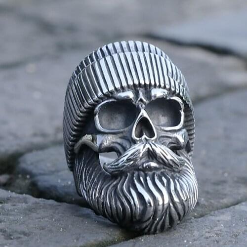 Gothic Stainless Steel Bearded Skull Ring Punk Hip Hop Biker Skull Ring Men Fashion Jewelry Factory Price Wholesale Size 7-14