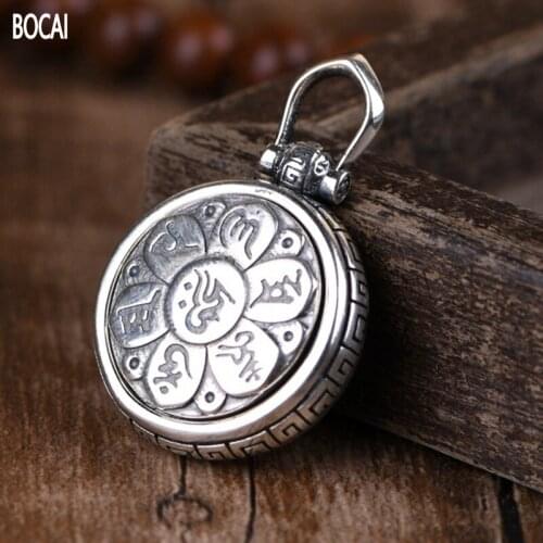 BOCAI 2021 New Real S925 Silver Six-character Mantra Pendant for Man Retro Ethnic Style Turning Pattern Man and Woman Pendant