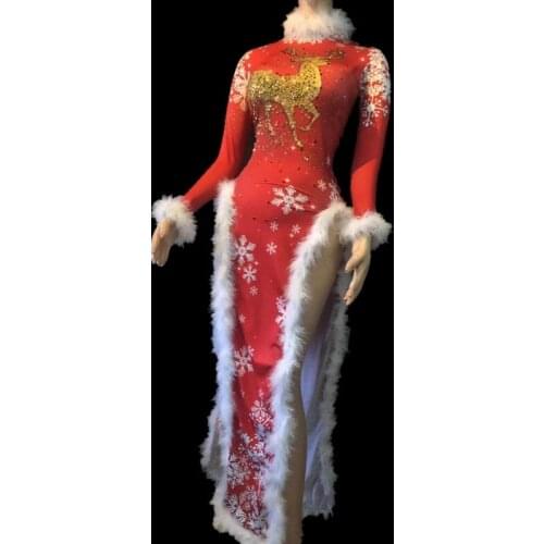 Christmas reindeer red womens Jumpsuits rhinestone dress Printed club Party Stage Wear Performance Dancer Singer rave festival
