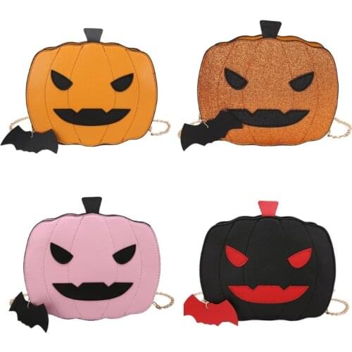 Pumpkin Crossbody Bag Chain Shoulder Bags Leather Shoulder Purse for Women Bat Pendant Halloween Clutch Bag Devil Tote