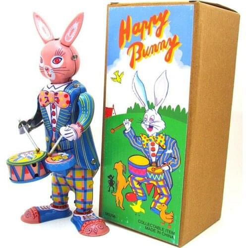 Vintage Retro Collection Tin toys Classic Clockwork Wind Up Drumming Rabbit Tin Toys For Adult Kids Collectible Gift