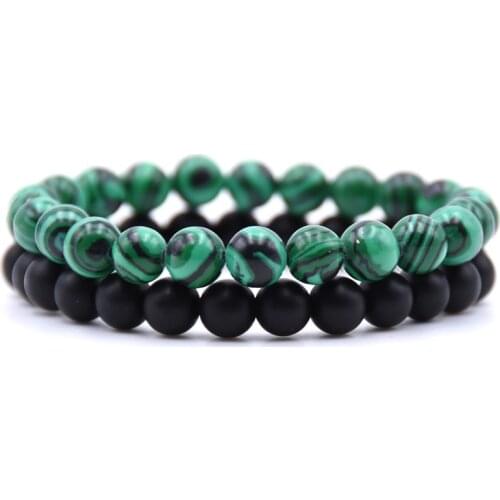 High Quality Natural Stone Bracelet 8MM Black Frosted Stone Green Malachite Set Couple Elastic Beaded Bracelet Ladies Jewelry