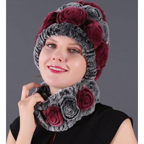 Women Knitted Rose Hat Scarf Set Two-In-One Autumn Winter Warm Rabbit Fur Cap Accessories Thick Warm High Quality Wool Beanies