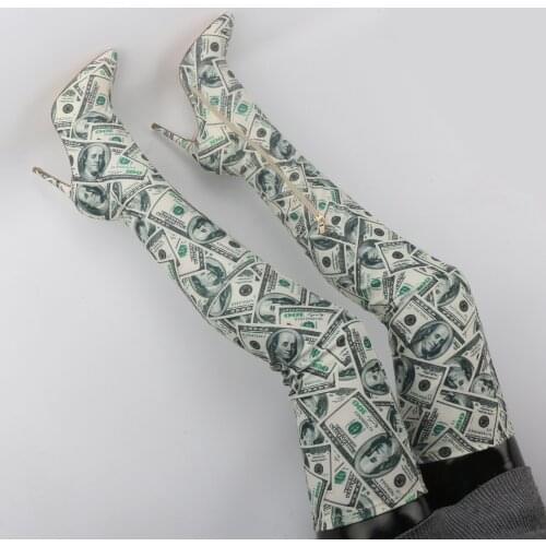 Dollar Printed Lycra Thigh Boots Pointed Toe Thin High Heel Slim Leg Stretch Over The Knee Boots Women Fall Fashion Long Boots