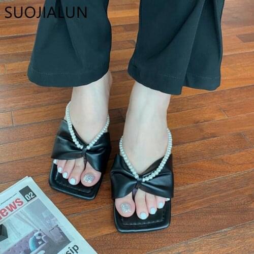 SUOJIALUN 2021 New Brand Women Slipper Fashion Bow-knot Sandal Shoes Thin Low Heel Ladies Summer Outdoor Beach Flip Flops