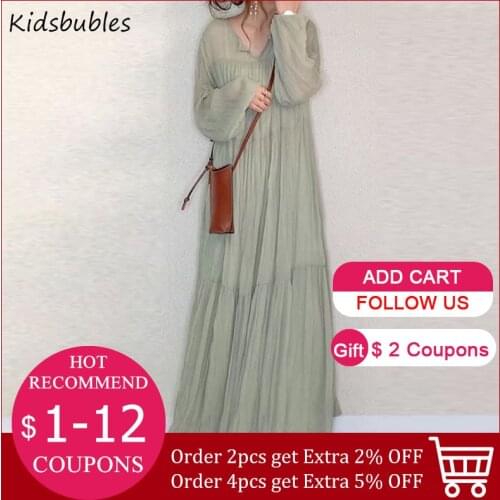 Spring sweet women a line dress korean janpan 2020 plain v neck long lantern sleeve long dress robe female maxi dresses