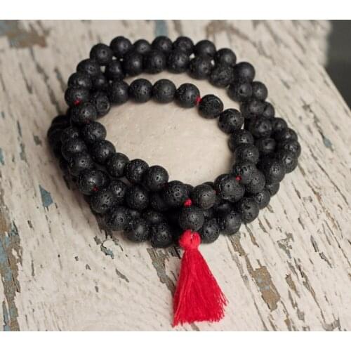 108 Mala Bead Necklaces Natural 6mm Lava Stone Buddha Necklace Spiritual Jewelry Long Tassel Necklace Black Knotted Necklace