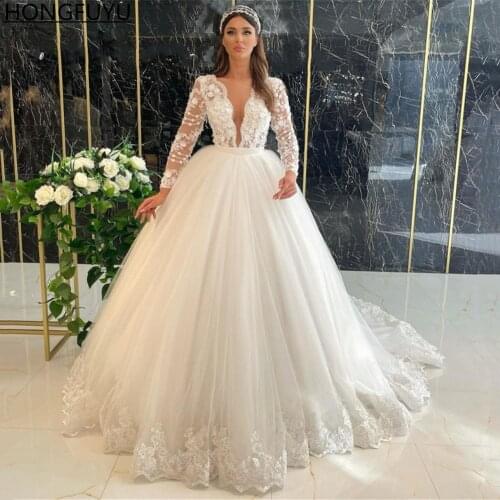 HONGFUYU Ball Gown Lace Wedding Dresses vestidos de novia Women Plus Size V-Neck Long Sleeves свадебное платье with Appliques