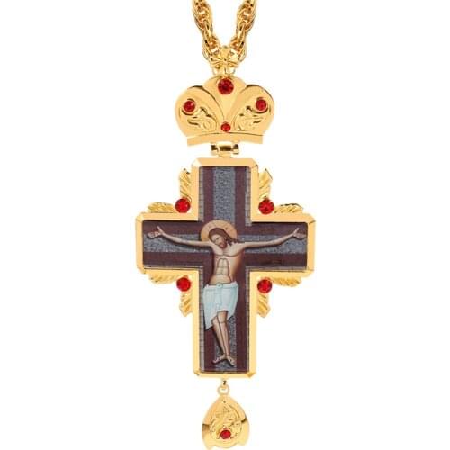 Hot Selling Russia Orthodox Large Pectoral Cross in Gold Necklace Jewelry Red Crystal Pendant Religious Hip Hop Geometric