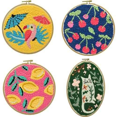 Flowers Cat Cheery Punch Needle Kits Soft Yarn for Beginners Kids DIY Needlework