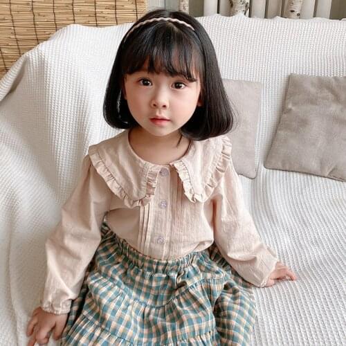 Children Girls Clothes 2021 New Spring Toddler Kids Girl Long Sleeve Peter Pan Collar Solid Color Cotton Shirt Tee Blouse Tops