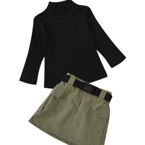 DFXD New Fashion Kids Girl Clothing Set Autumn Winter Long Sleeve Turtleneck Knitted Shirt+Belt Cargo Skirt Children Clothes Set