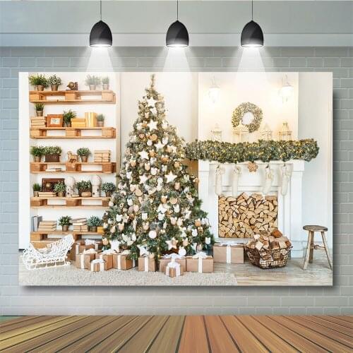Christmas Party Tree Photography Backdrop Wood Floor Decoration Background Bells Christmas Tree White Scenes Photocall Backdrop
