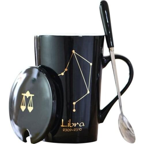 12 Constellations Creative Ceramic Mugs with Spoon Lid Black and Gold Porcelain Zodiac Milk Coffee Cup 450ML Coffee Cup