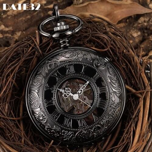 Mechanical Pocket Watch Antique Skeleton Dial Fob Chain Full Black Laser Engraved Roman Case with Gift Box for Men Dropshipping