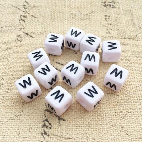 Mini Order 100PCS/Lot 10*10MM Black Single W Printing Square Acrylic Alphabet Beads Knit Name Bracelet Initial Spacer Beads