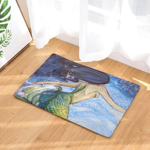 Cartoon Flannel Hallway Entrance Doormat Mermaid Print Anti Slip Bathroom Carpet Kitchen Absorbent Rug Home Decor Indoor Mat