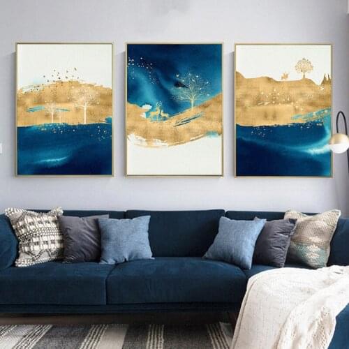 Nordic Abstract Geometric Mountain Landscape Wall Art Canvas Painting Blue Golden Deer Poster Print Wall Picture for Living Room