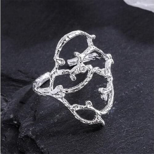 New Creative Diamond-studded Rattan Brach Texture 925 Sterling Silver Jewelry Irregular Hollow Branch Opening Rings TYB27