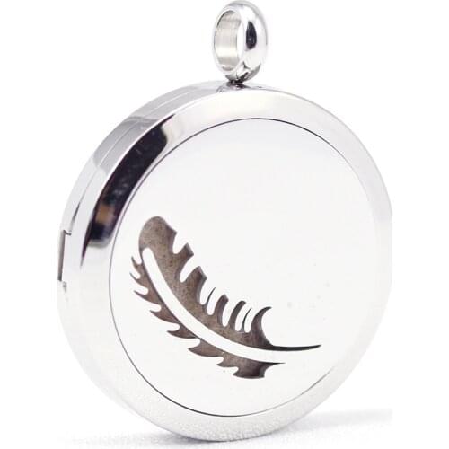 30mm 316L stainless steel feather aroma aromatherapy essential oil diffuser necklace