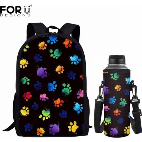 FORUDESIGNS School Bag 2pcs Set for Teens Boys Girls Dog Paw Design Large Backpack Kids Canvas Book Bags High Quality Cup Covers