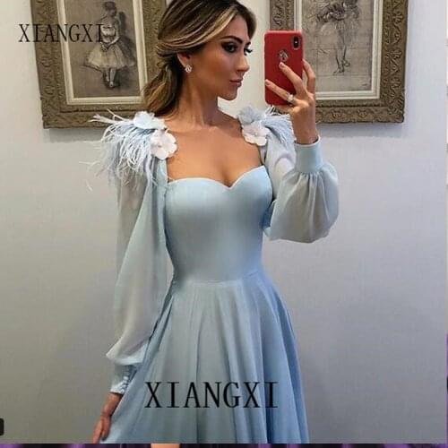 Ciel bleu musulman robes de soirée 2020 a-ligne chérie manches longues en mousseline de soie grande taille saoudien arabe dubaï