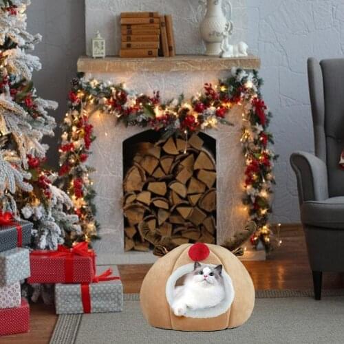 Super Soft Pet Bed Cat Round Cat Winter Warm Sleeping Bag Long Plush Christmas Deer Cushion Mat Portable Cat Supplies 35/45cm