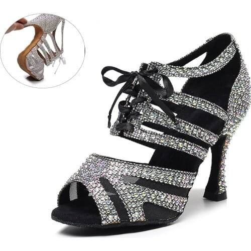 Woman Gliiter Cloth Latin Dance shoes For Women Rhinestone Ballroom Salsa Shoes For Dancing Girls High Heel Shoes For Party