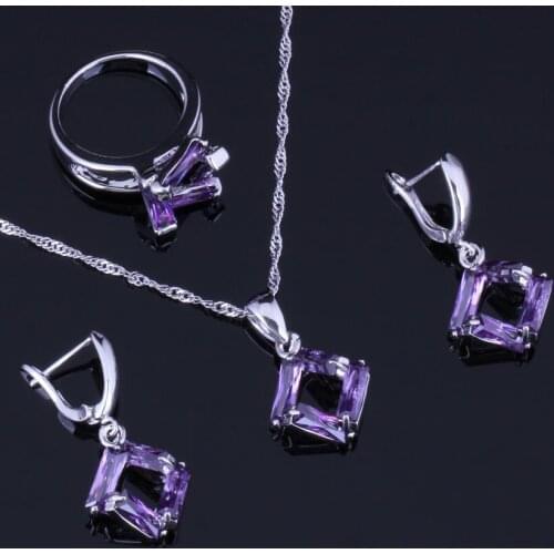 Impressive Quadrilateral Purple Cubic Zirconia Silver Plated Jewelry Sets Earrings Pendant Chain Ring V0976