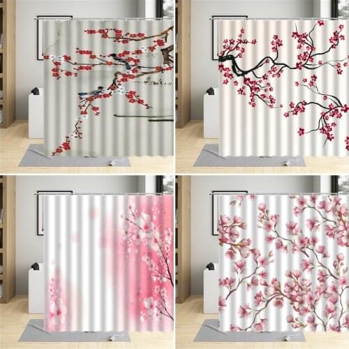 Chinese Style Shower Curtain Red Ink Flower Plum Pink Cherry Blossom Floral Bird Pattern Bathroom Decor Polyester Curtains Sets