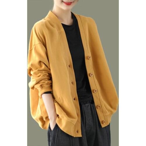 Spring Autumn Women New Style Retro Art Knitted Cotton Jacket Loose V-neck Long Sleeve Baseball Uniform Sweater Cardigan Tops173