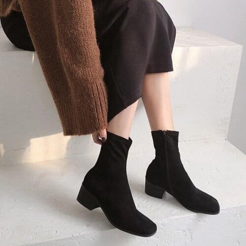 2020 Winter Boots Ladies Square Toe Thick Heel High Heels Leather Suede Ankle Boots Fashion Ladies Short Boots Women Size 33-42