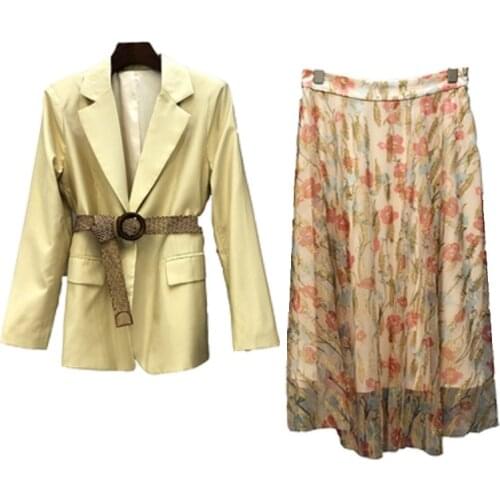 High Quality Blazer Sets 2021 Autumn Winter 2 Piece Set Women Ring Belt Deco Blazer Coats+Colorful Print Sexy Tulle Mesh Skirt