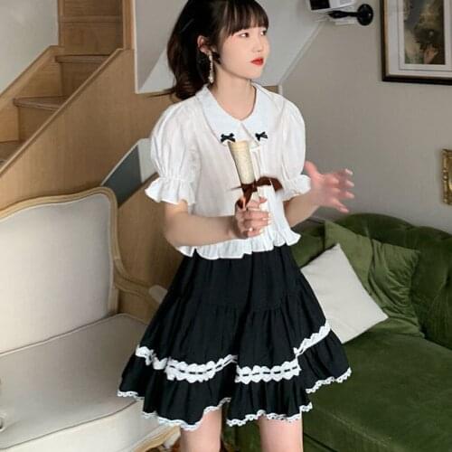 2021 Summer Women 2 Piece Set Sweet Cute Bow College Style Lace-Up Doll Collar White Shirt Lace Stitching Cake Skirt Two Pieces