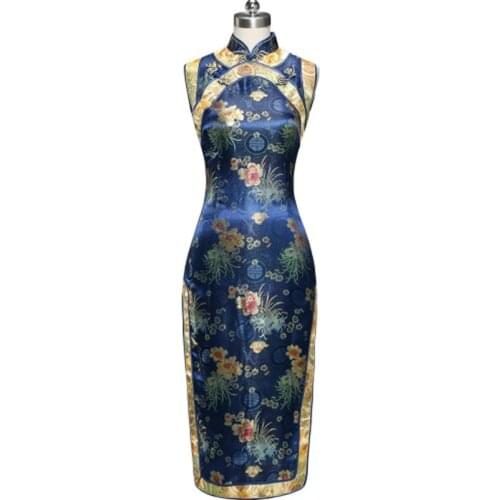 Blue Chinese Style Female Satin Cheongsam Summer Sleeveless Long Qipao Top Formal Evening Dress Size S M L XL XXL 020502