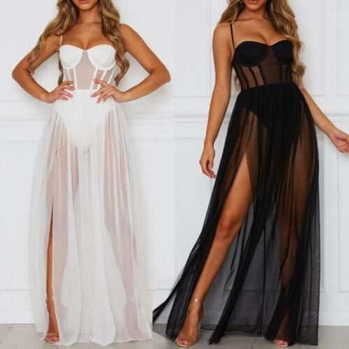 Sexy Elegant Ladies Women Sleeveless See Through Black/White Slim Fit Skinny Split Maxi Dress Beach Club Party Dress Sundress